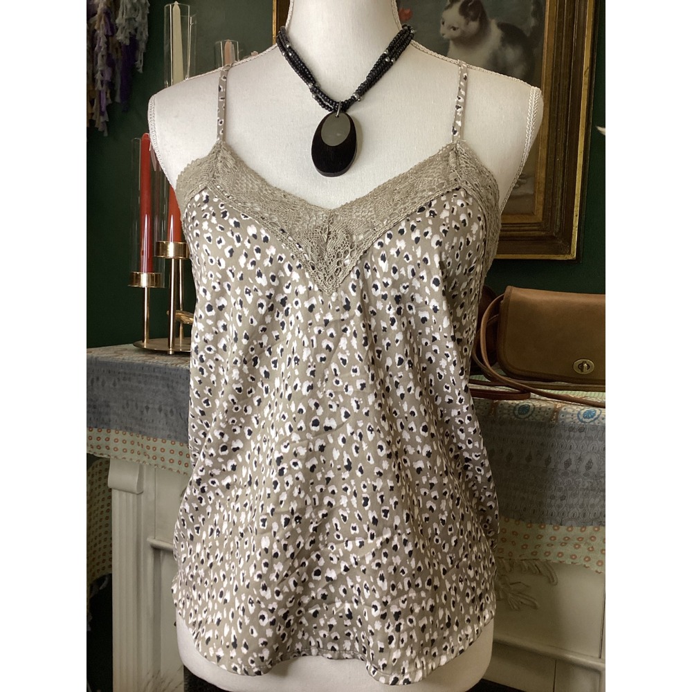 Aerie Womens XS Leopard Print Lace Trim Camisole Top Tan Black Adjustable Straps